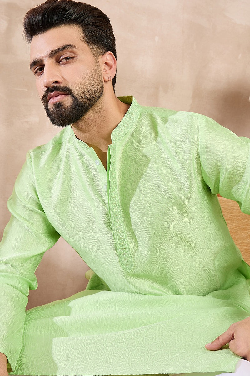 Green Silk Blend Solid Embroidered Straight Kurta With Trouser For Men | SHOBITAM