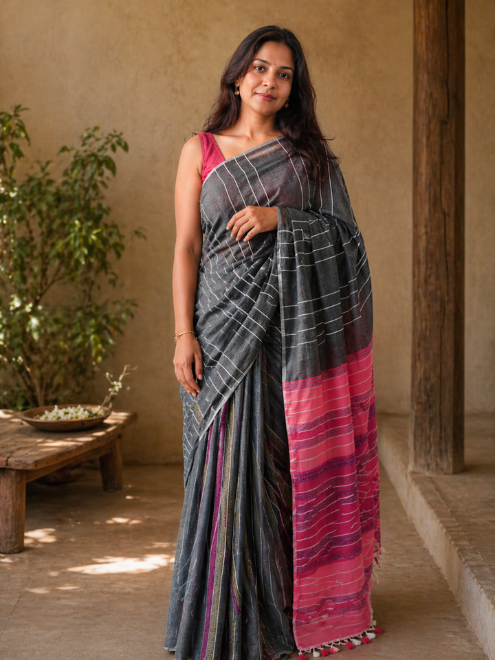 Grey Pink Striped Cotton Handloom Kantha Stitch Saree | SHOBITAM