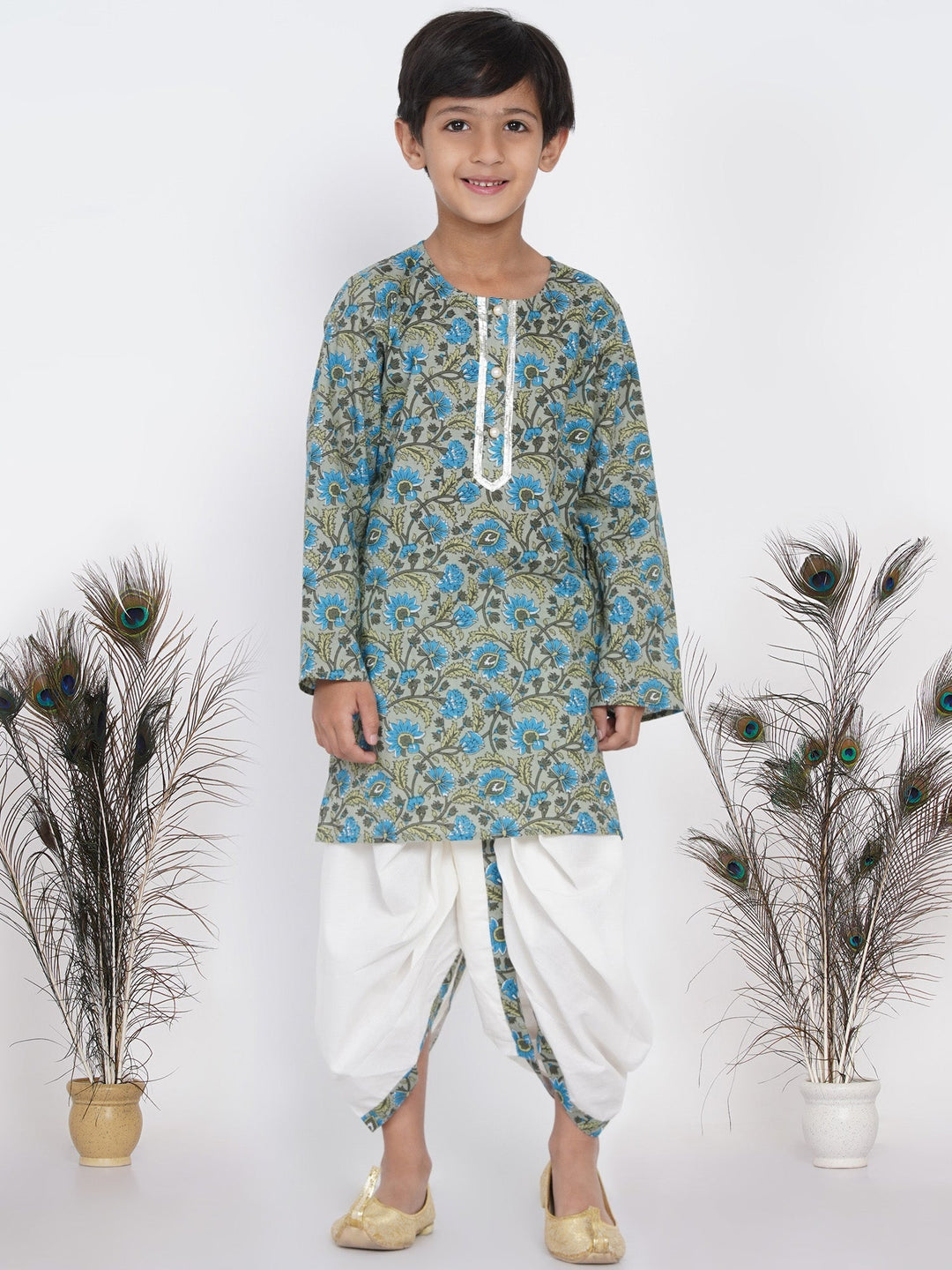 Boys Floral Kurta with Pearl Buttons and Dhoti in Sea Green and Cream  | SHOBITAM