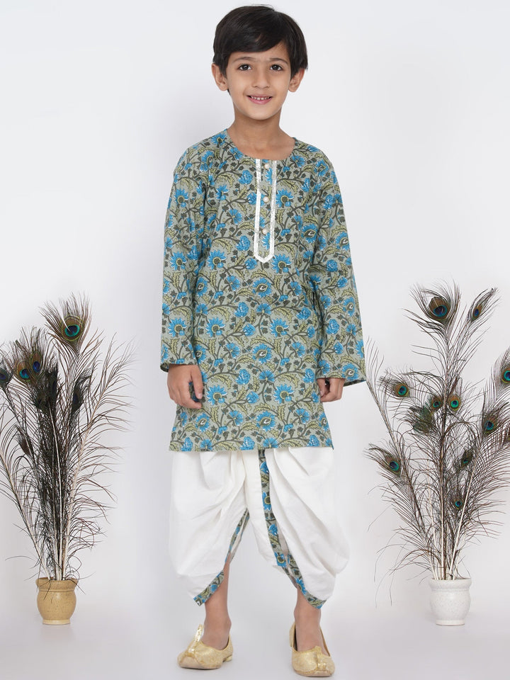 Boys Floral Kurta with Pearl Buttons and Dhoti in Sea Green and Cream  | SHOBITAM