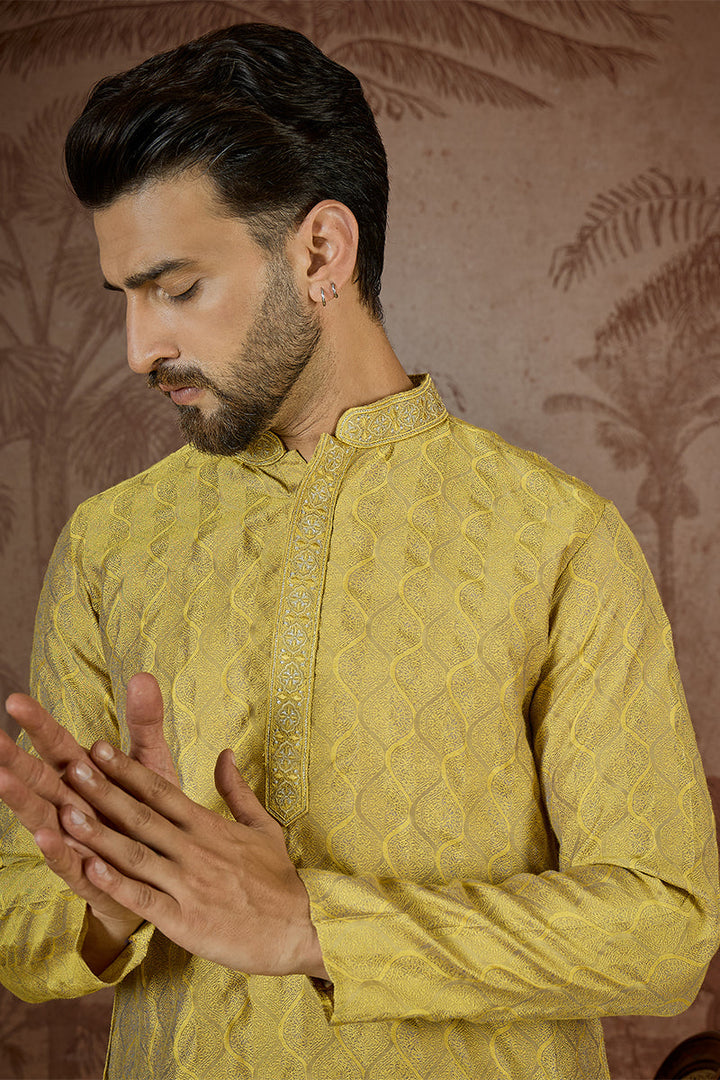 Mens Yellow Jacquard Solid Embroidered Kurta | SHOBITAM