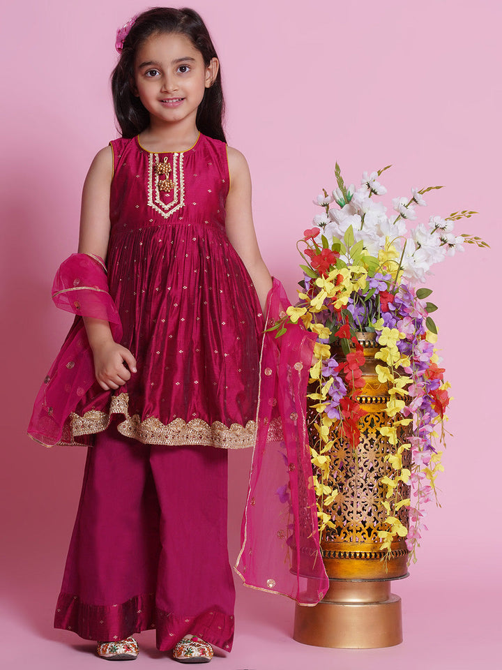 Chanderi Cotton Sleeveless Zari Boota & Lace Embellished Kurta Frock with Plazzo and Dupatta - Hot Pink | SHOBITAM