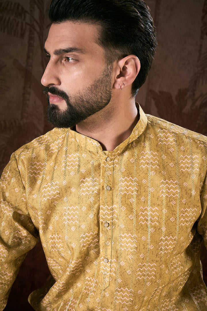Mustard Silk Blend Ethnic Motifs Printed Straight Kurta For Men | SHOBITAM