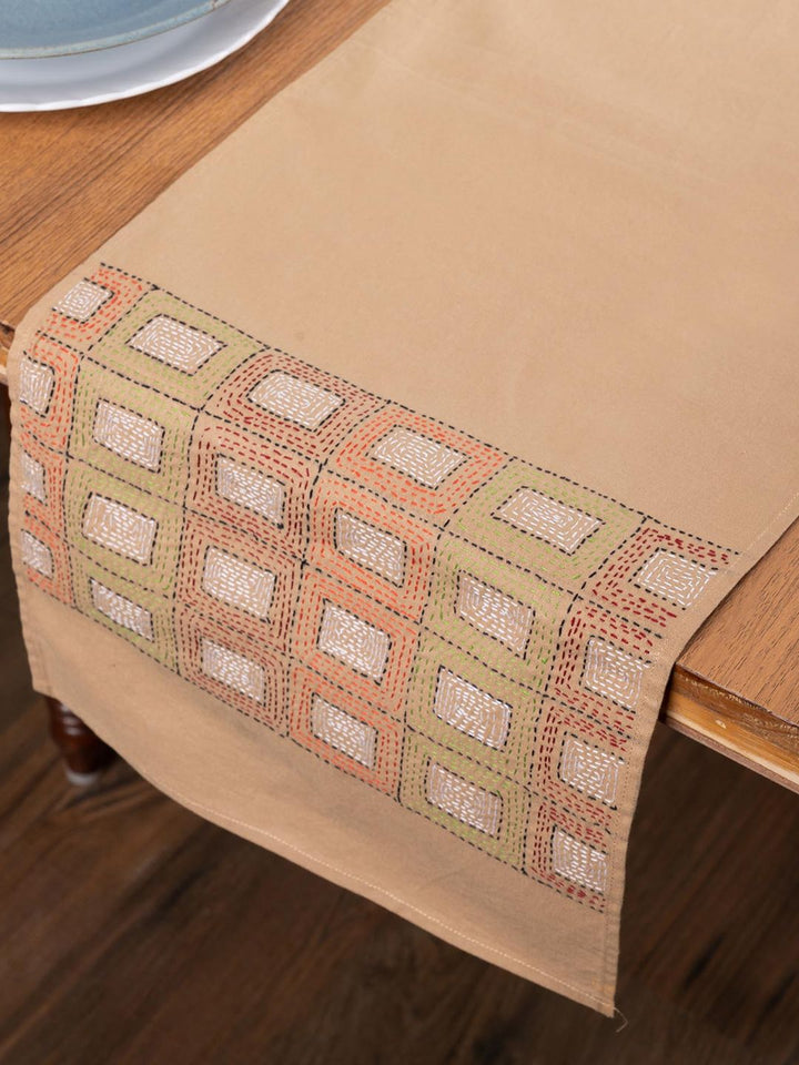 Beige Kantha Cotton Dining Table Runner | SHOBITAM