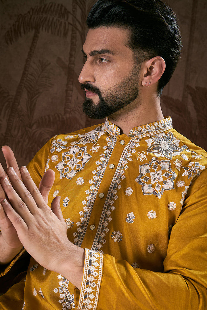 Mustard Silk Blend Solid Embroidered Straight Kurta | SHOBITAM