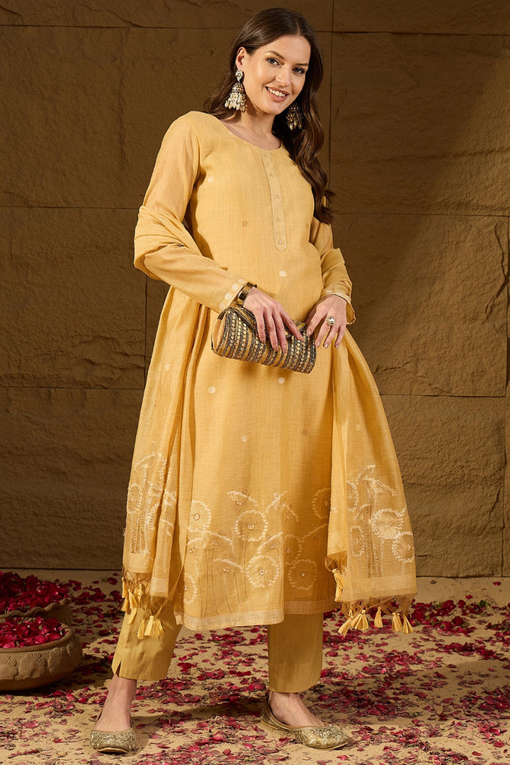Yellow Chanderi Woven Design Straight Kurta Trouser with Dupatta | SHOBITAM