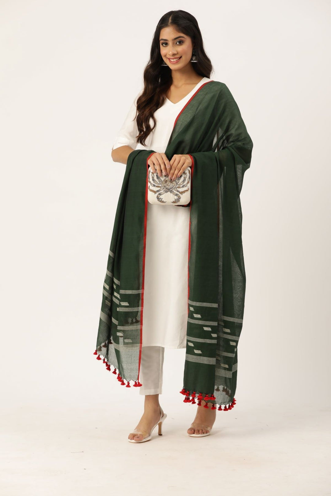 Handwoven Jamdani Mul Cotton Dupatta with tassels | SHOBITAM