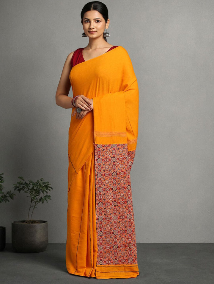 Yellow Red Ajrak Print Khesh Cotton Saree with Blouse piece | SHOBITAM