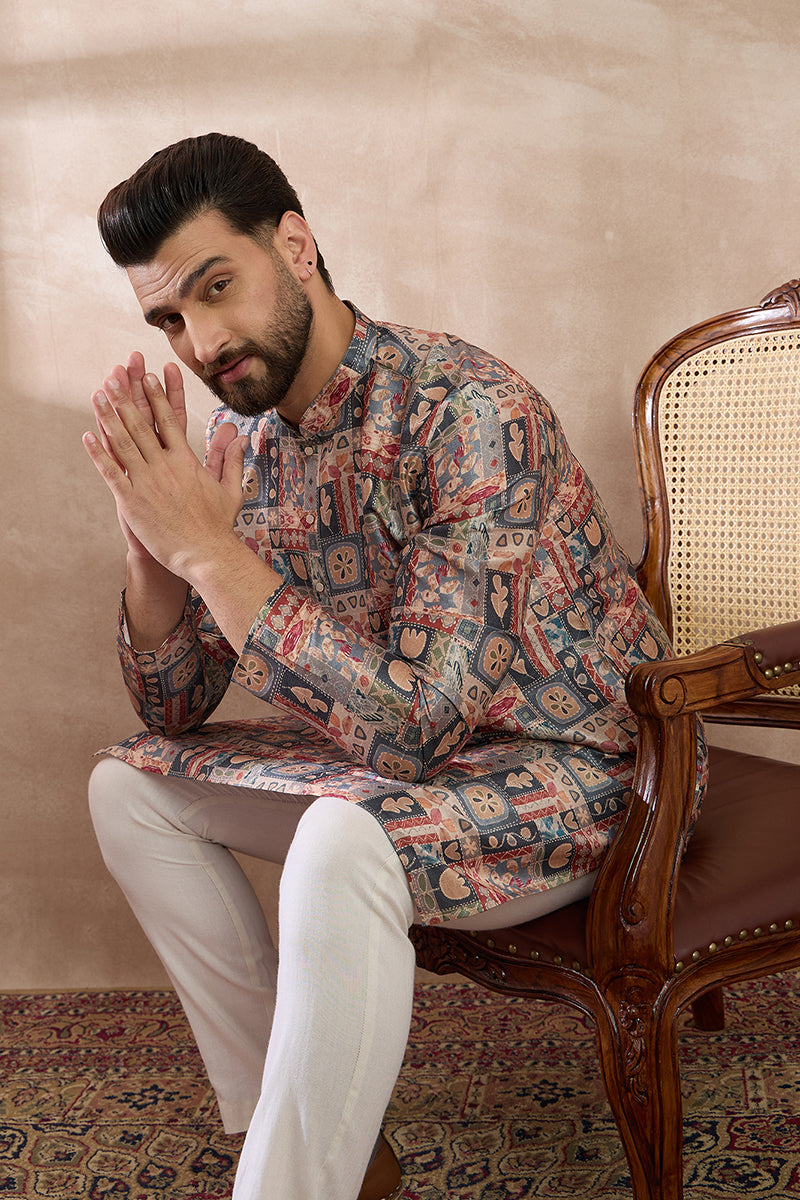 Multi Silk Blend Printed Mandarin Collar Straight Kurta With Trouser | SHOBITAM