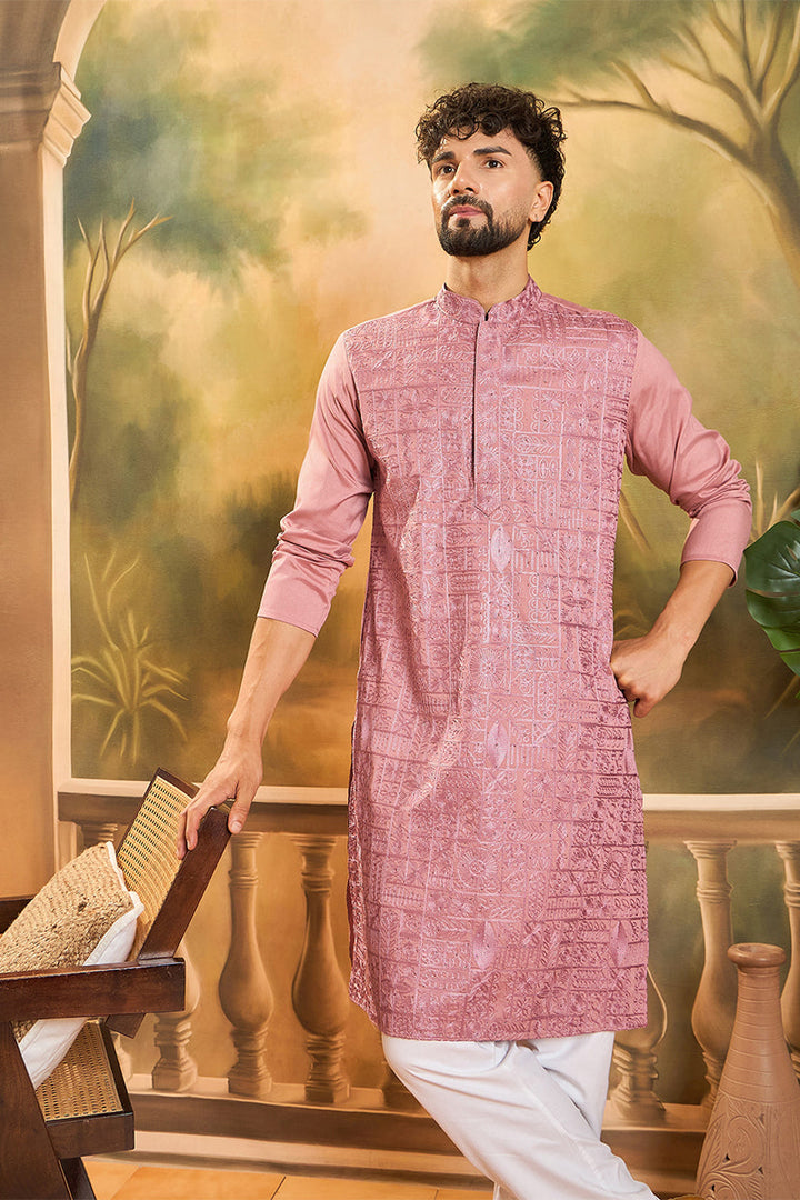 Mauve Silk Blend Solid Embroidered Straight Kurta | SHOBITAM