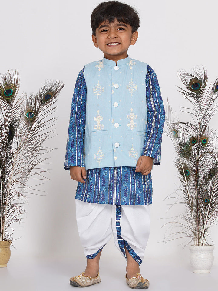 Boys Floral Indigo Kurta with Nehru Jacket and Marwari Dhoti  | SHOBITAM