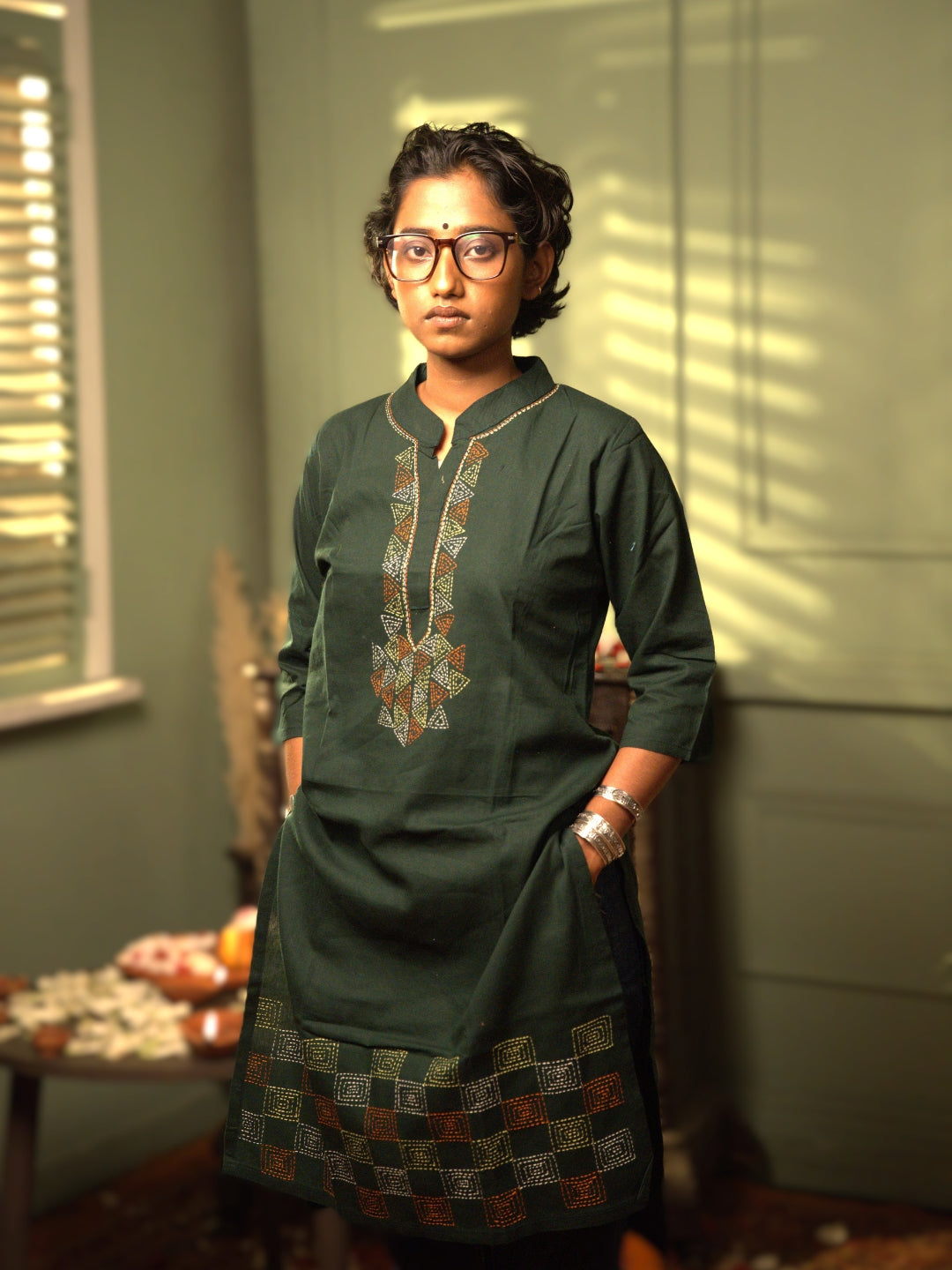 Dark Green Kantha Cotton Kurta | SHOBITAM