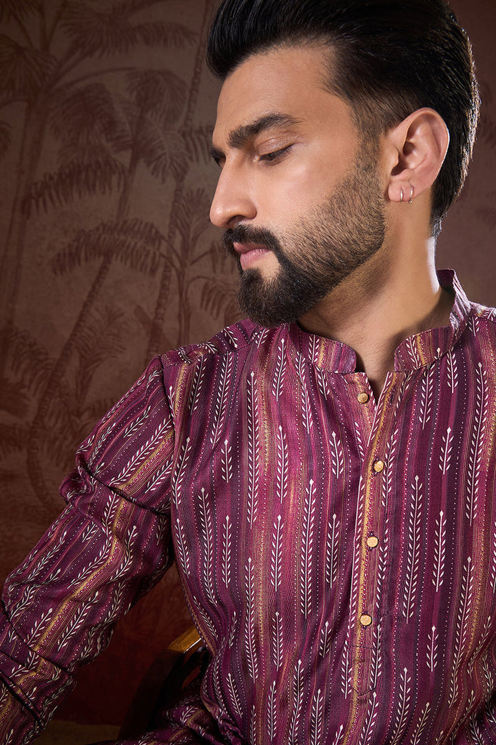 Purple Silk Blend Striped Printed Straight Kurta With Trouser | SHOBITAM