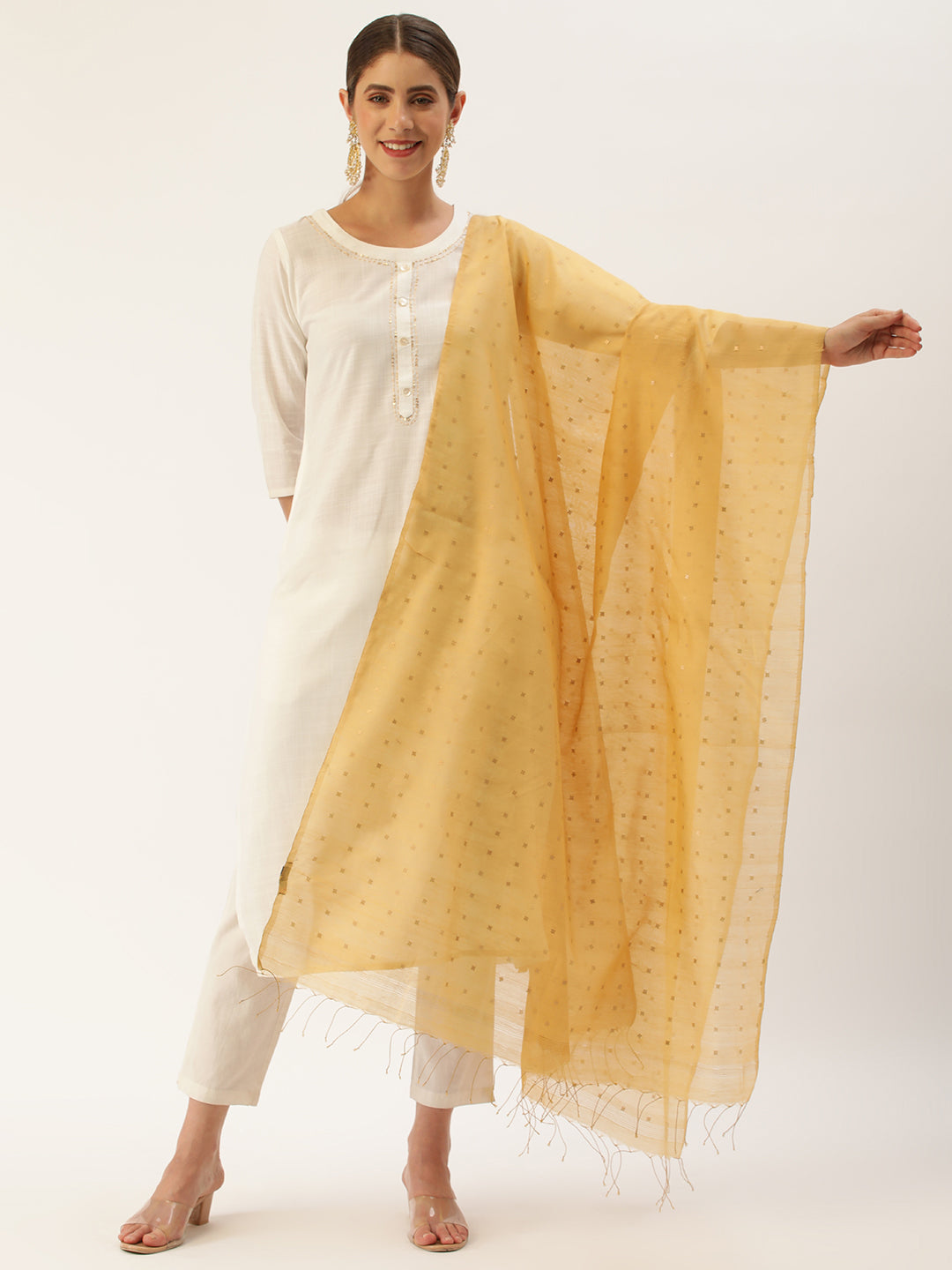 Handloom Beige & Gold Sequins Silk Cotton Dupatta | SHOBITAM