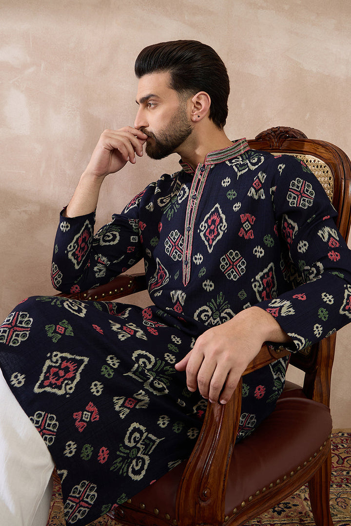 Blue Silk Blend Printed Mandarin Collar Straight Kurta For Men | SHOBITAM