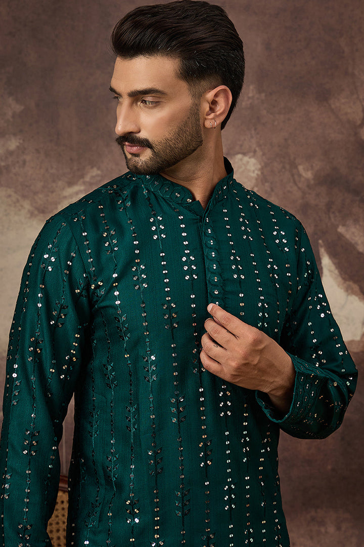 Teal Silk Blend Solid Embroidered Straight Kurta With Pant Set | SHOBITAM
