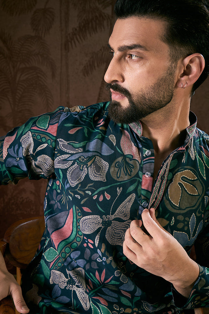 Blue Silk Blend Floral Printed Straight Kurta With Trouser | SHOBITAM