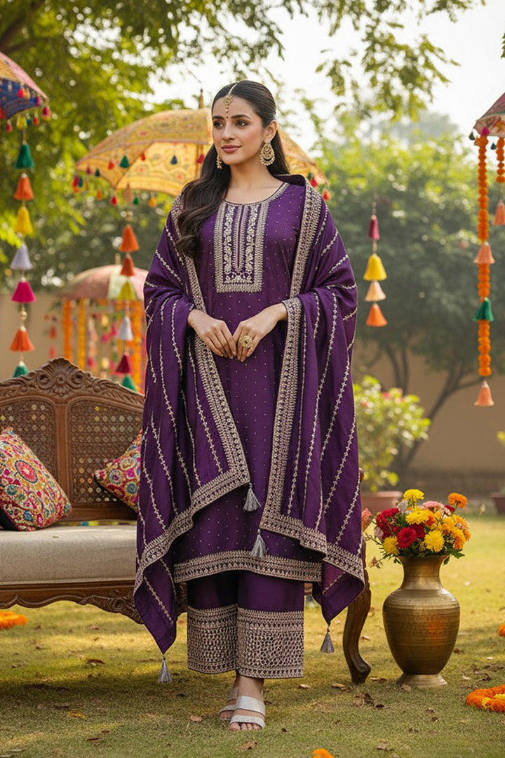 Purple Silk Blend Straight Kurta Palazzo With Dupatta | SHOBITAM