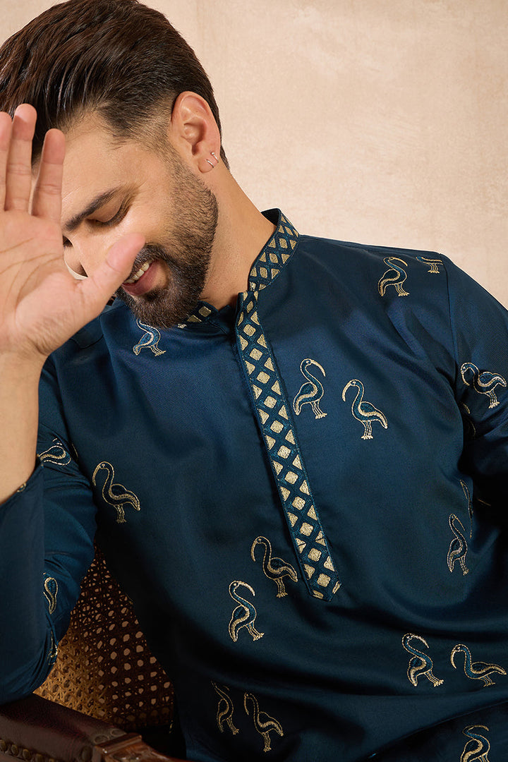 Navy Blue Silk Blend Solid Embroidered Straight Kurta With Trouser For Men | SHOBITAM