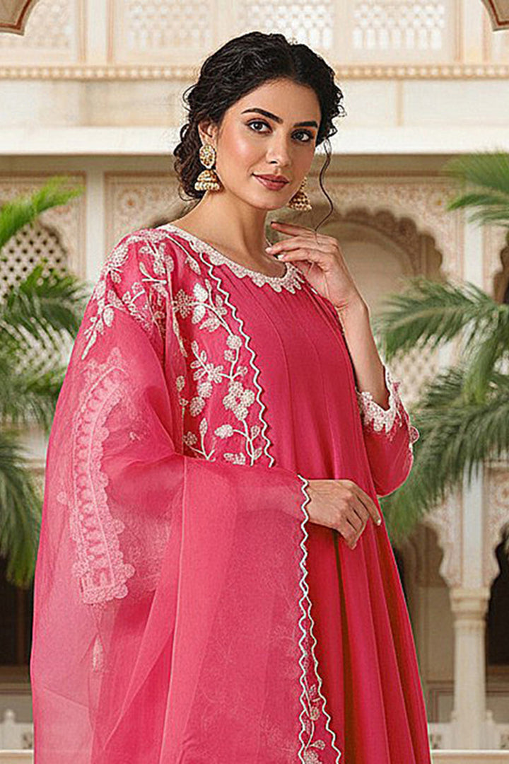 Pink Silk Blend Solid Embroidered Flared Suit Set | SHOBITAM