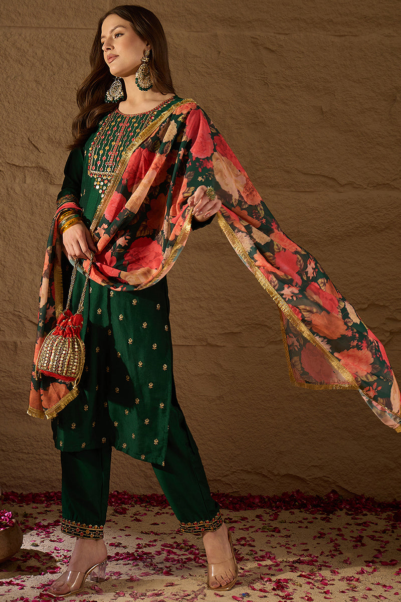 Green Silk Blend Embroidered Kurta Pant With Dupatta |SHOBITAM