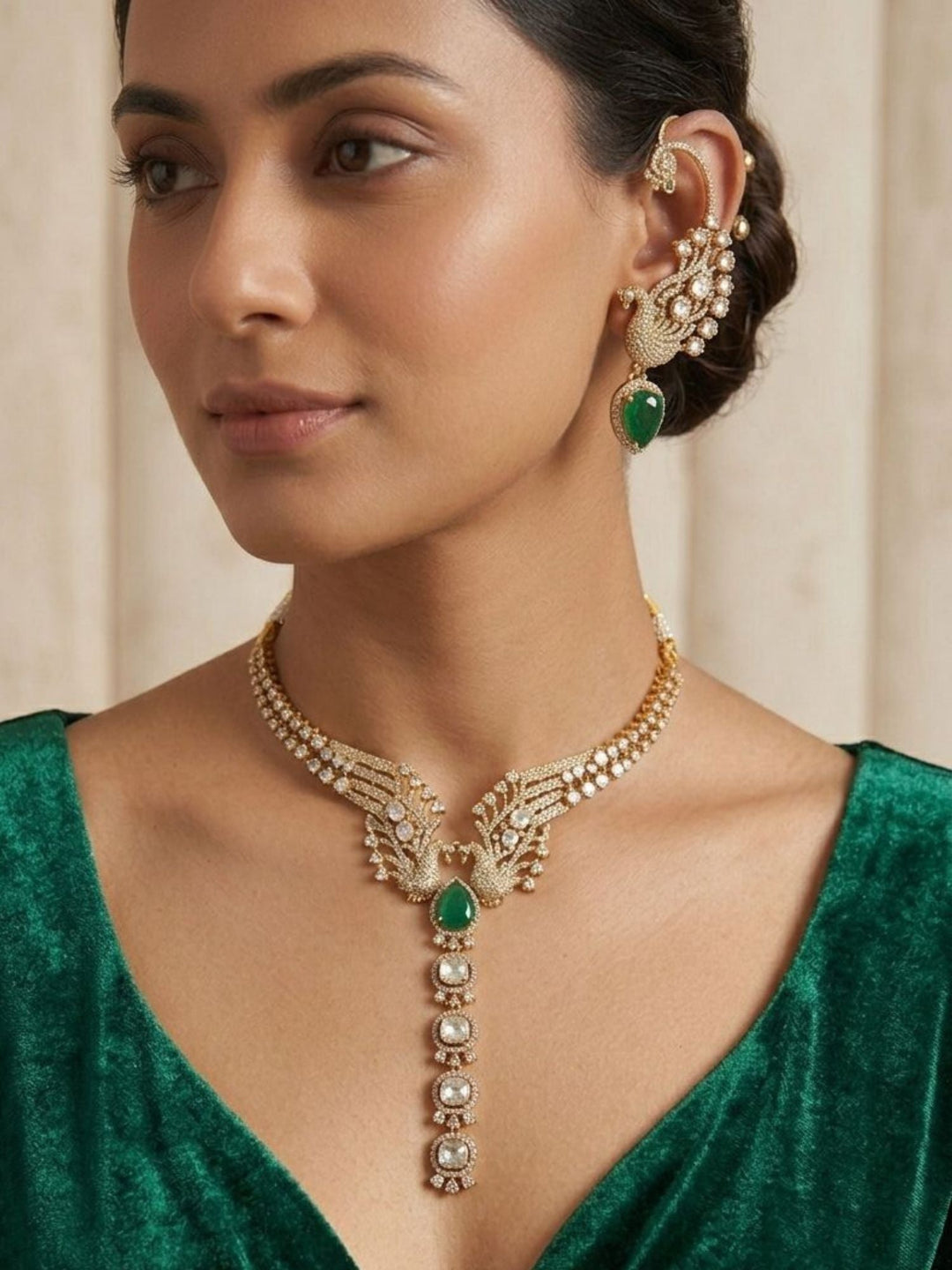 Peacock Design Kundan Necklace Set with Green Stone | Shobitam