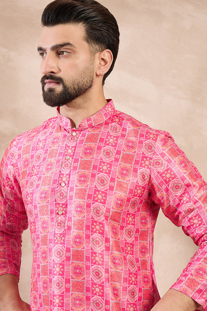 Pink Silk Blend Ethnic Motifs Printed Straight Kurta For Men | SHOBITAM