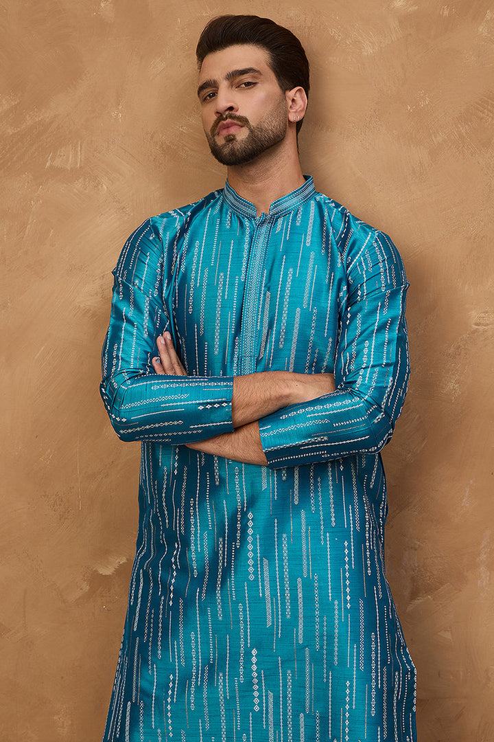 Blue Silk Blend Geometric Printed Straight Kurta | SHOBITAM