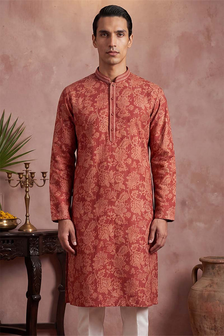 Mens Red Silk Blend Floral Printed Kurta With Trousers | SHOBITAM