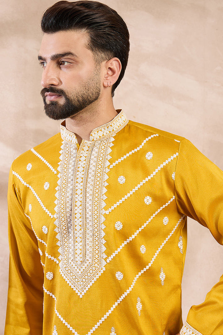 Yellow Silk Blend Ethnic Motifs Embroidered Straight Kurta | SHOBITAM