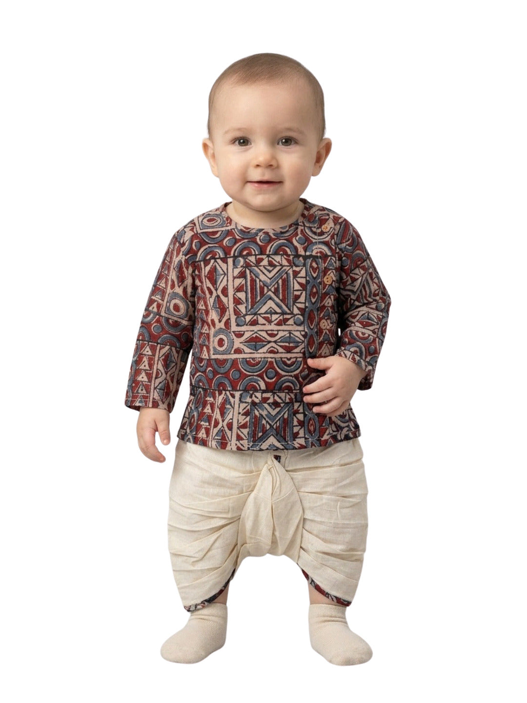 Boys Geometric Printed Cotton Angrakha Style Dhoti Set | SHOBITAM