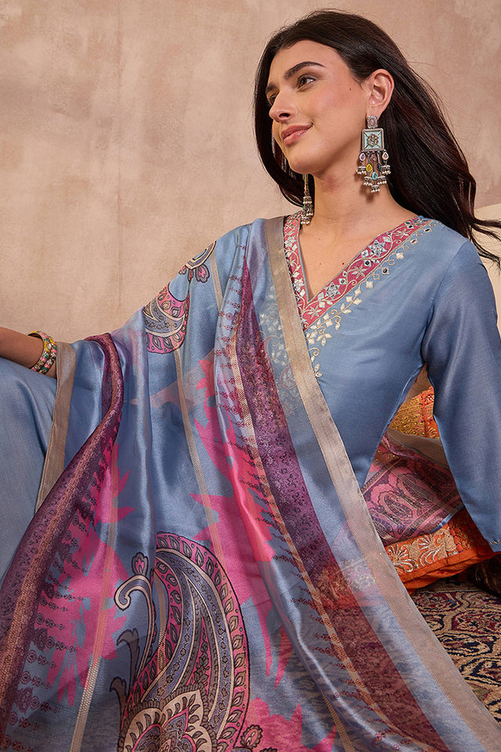 Blue Rayon Blend Solid Embroidered Straight Kurta Trouser With Dupatta | SHOBITAM