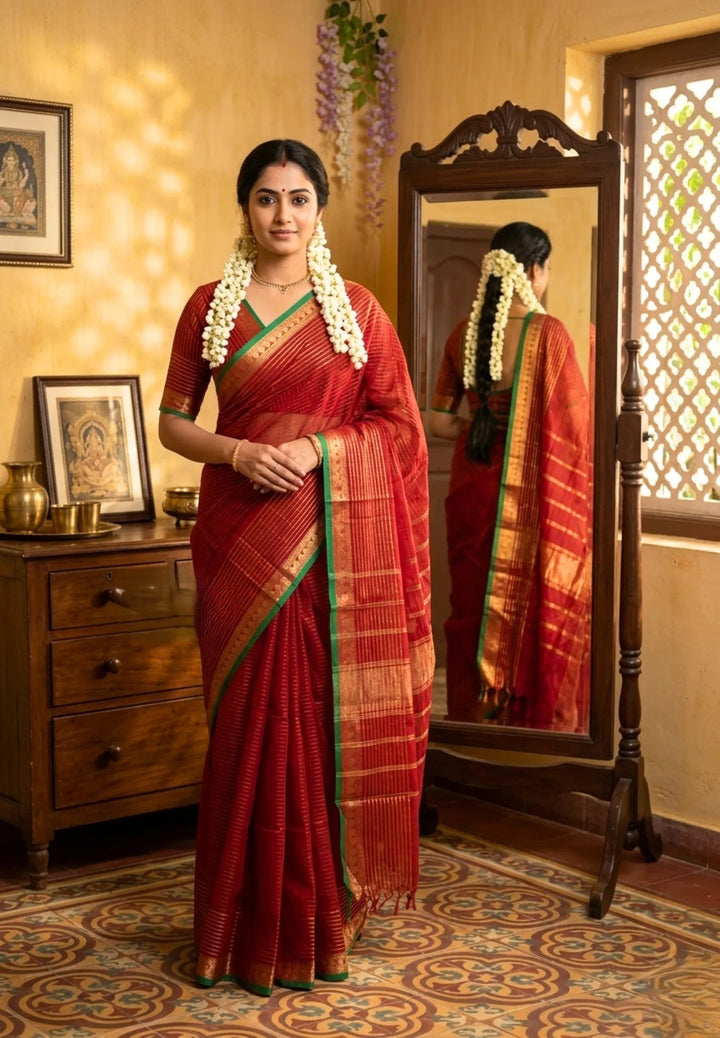 Kumkum Maroon Mercerized Cotton Saree with Zari detailing | SHOBITAM