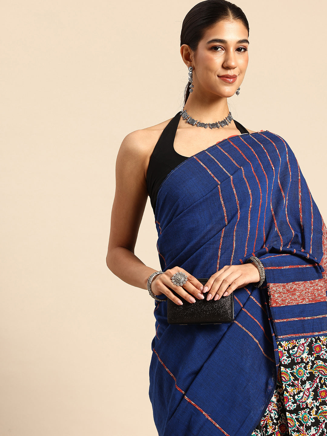 Dark Blue Ajrak Print Khesh Saree with Blouse piece | SHOBITAM