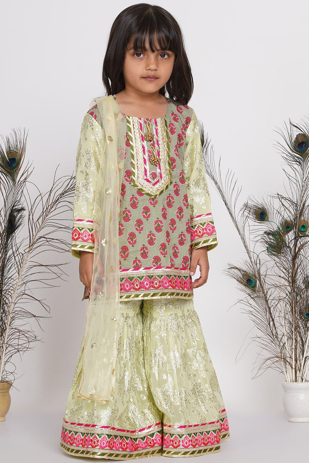 Girl Banarsi Lacework Kurta with Sharara and Dupatta | SHOBITAM