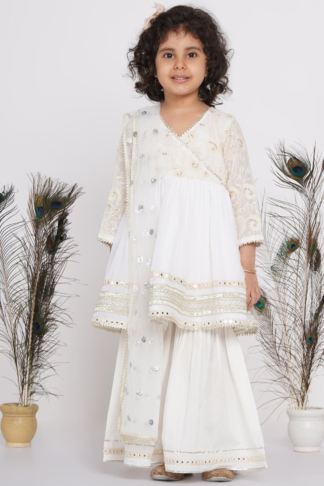 Girls Floral Embroidery and Lacework Angrakha Kurta with Sharara | SHOBITAM