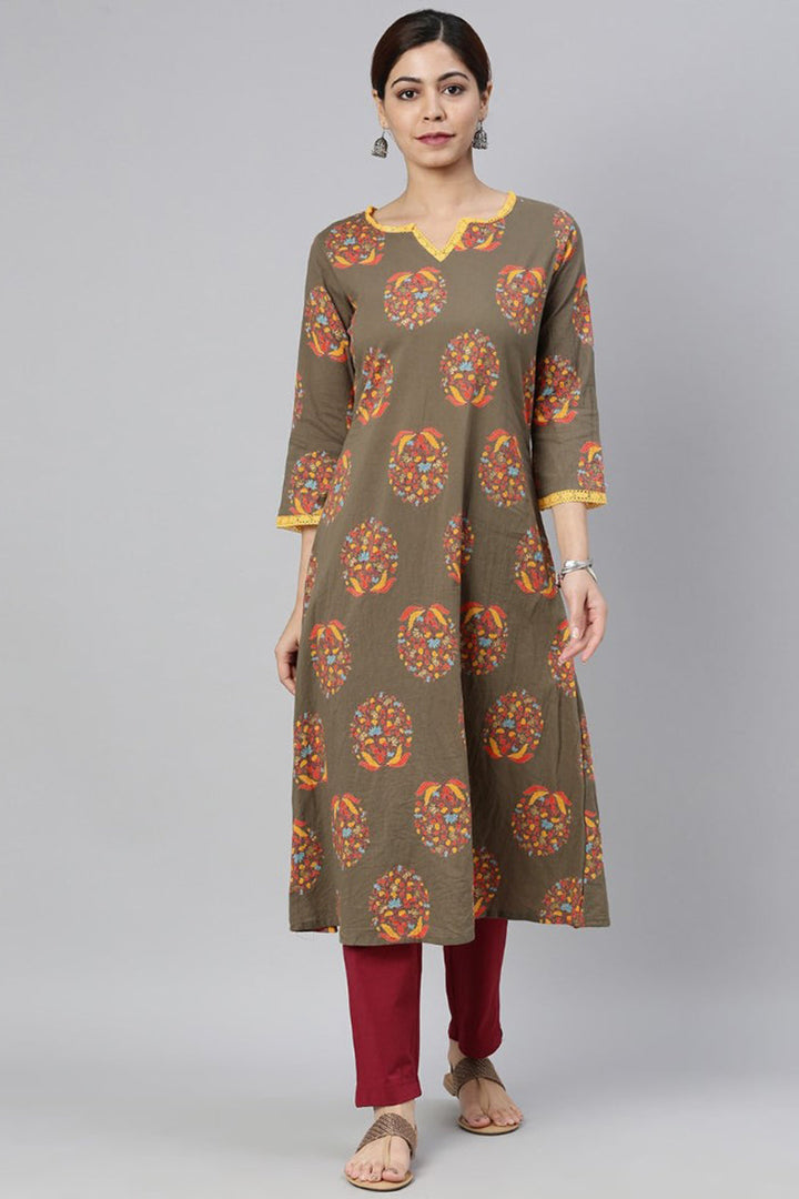 Taupe Cotton A-Line Kurta | SHOBITAM