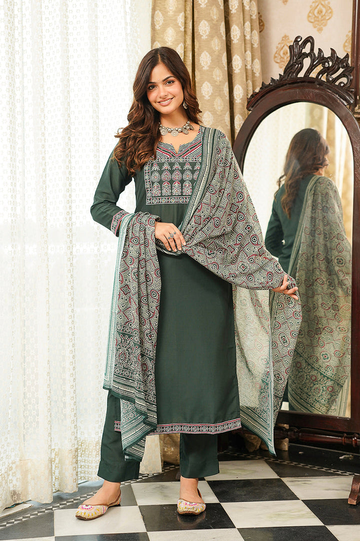 Green Cotton Blend Ajrakh Printed Straight Kurta Trousers With Dupatta | SHOBITAM