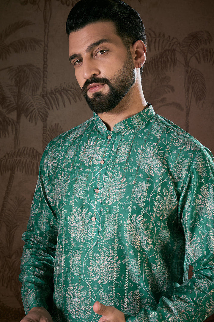 Teal Silk Blend Floral Printed Straight Kurta For Men | SHOBITAM