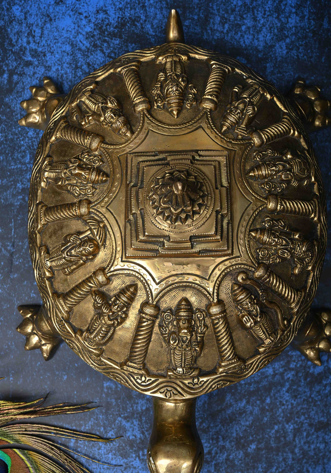12" Brass Dashavataram Vaastu Turtle for Table Top Decor with 3D Lakshmi Yantra