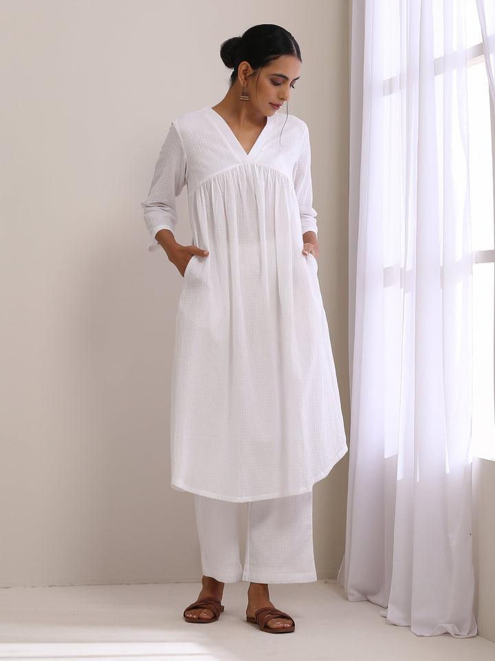 White Dobby Flared Slit Kurta Pant Set  | SHOBITAM