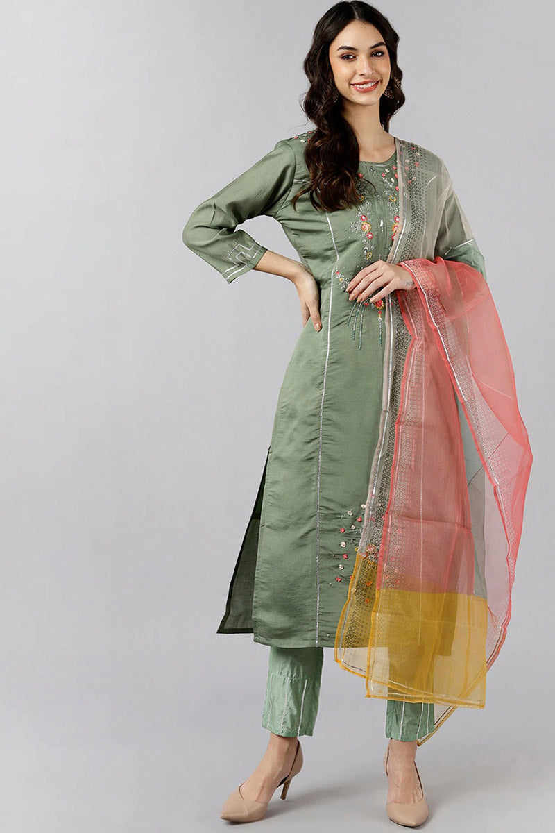 Olive Green Poly Silk Embroidered Straight Suit Set  | SHOBITAM
