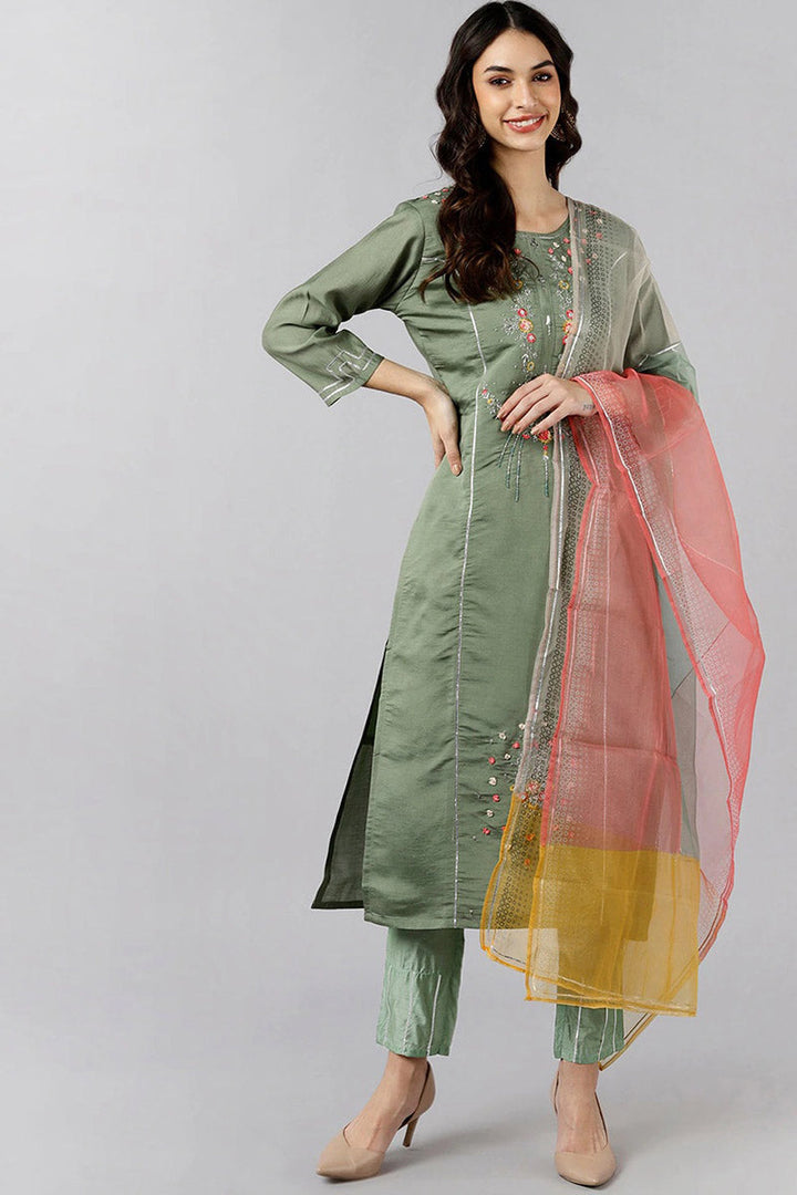 Olive Green Poly Silk Embroidered Straight Suit Set  | SHOBITAM
