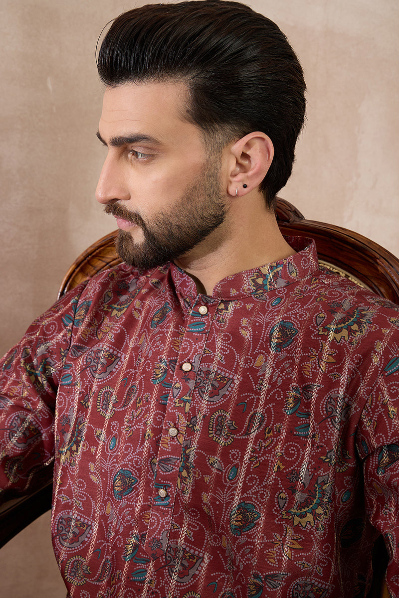 Maroon Silk Blend Printed Mandarin Collar Straight Kurta With Trouser | SHOBITAM