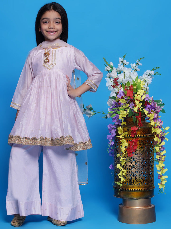 Girls Chanderi Cotton Three Fourth Sleeves Kurta Frock with Plazzo and Dupatta with Boota, Lace & Tussel work - Baby Pink | SHOBITAM