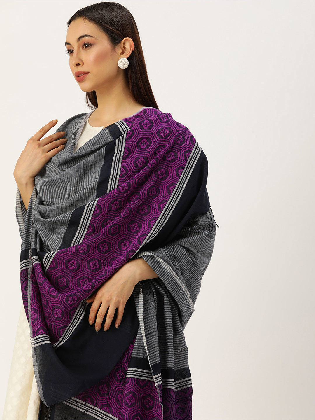 Grey Pink Toned Assamese Cotton Dupatta | SHOBITAM