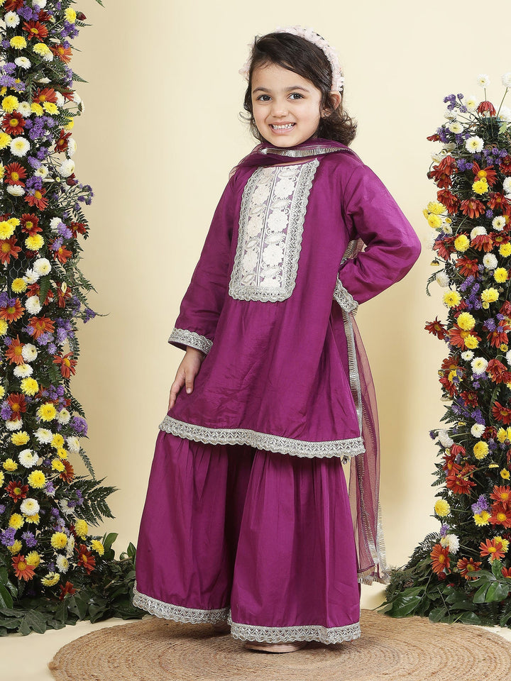 Purple Floral Embroidered Semi-Silk Kurta with Cotton Sharara and Dupatta Set | SHOBITAM