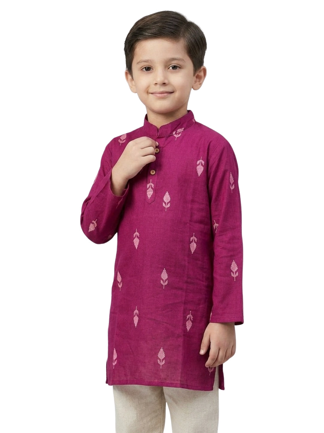 Boys Maroon Cotton Kurta Set with Front Placket Detail | SHOBITAM