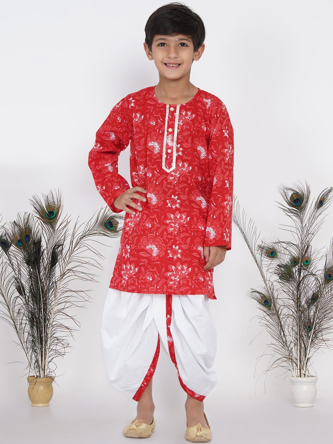 Boys Floral Kurta with Pearl Buttons and Dhoti in Red and White  | SHOBITAM