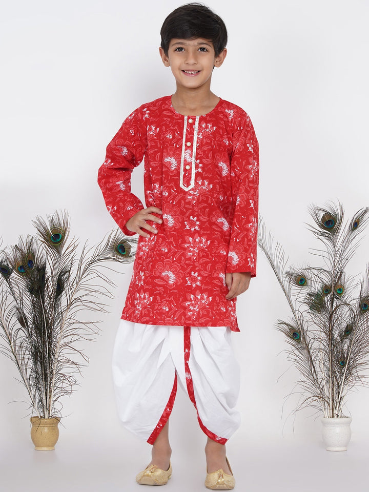 Boys Floral Kurta with Pearl Buttons and Dhoti in Red and White  | SHOBITAM